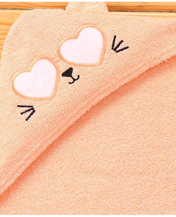 Babyhug Cotton Knit Hooded Wrapper With Cat Embroidery & Ear Applique L 76 x B 76 cm - Peach