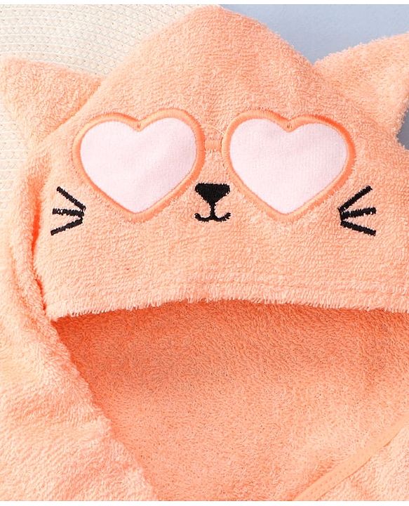 Babyhug Cotton Knit Hooded Wrapper With Cat Embroidery & Ear Applique L 76 x B 76 cm - Peach