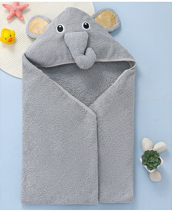 Babyhug Terry Woven Hooded Towel with Elephant Applique L 76.2 x B 76.2 cm - Grey