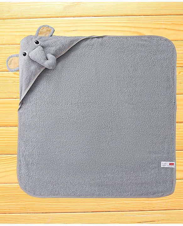 Babyhug Terry Woven Hooded Towel with Elephant Applique L 76.2 x B 76.2 cm - Grey