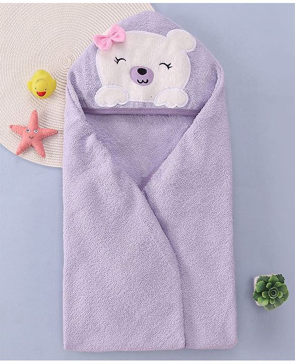 Babyhug Terry Woven Hooded Wrapper with Bear Embroidery & Bow Applique L 76.2 x B 76.2 cm - Lilac