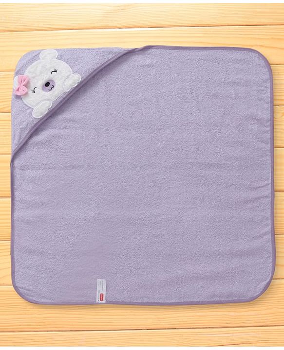 Babyhug Terry Woven Hooded Wrapper with Bear Embroidery & Bow Applique L 76.2 x B 76.2 cm - Lilac
