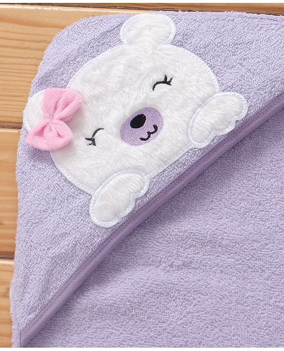 Babyhug Terry Woven Hooded Wrapper with Bear Embroidery & Bow Applique L 76.2 x B 76.2 cm - Lilac