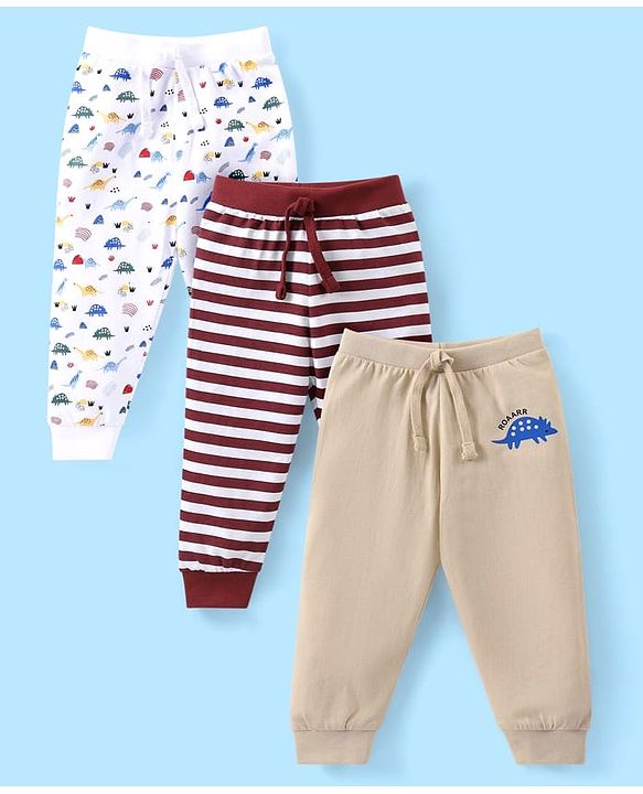 Babyhug Single Jersey Knit Full Length Lounge Pants with Dino Print & Stripes Pack of 3 - White & Tan