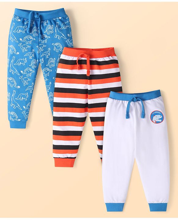 Babyhug Single Jersey Full Length Lounge Pants with Strips & Dino Print Pack of 3 - Blue Grey & Orange