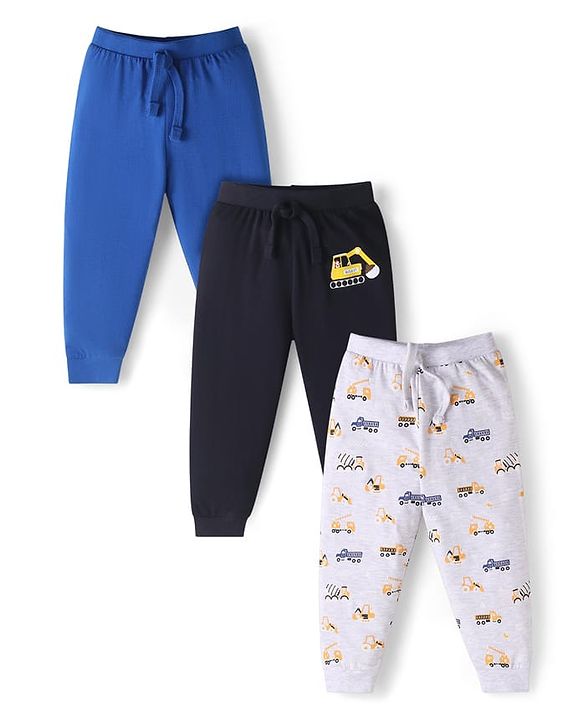 Babyhug Single Jersey Knit Full Length Lounge Pants with Vehicle Print Pack of 3 - Blue Black & Grey