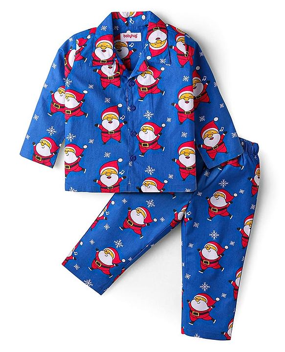 Babyhug Cotton Woven Full Sleeves Front Open Night Suit with Santa Print - Blue