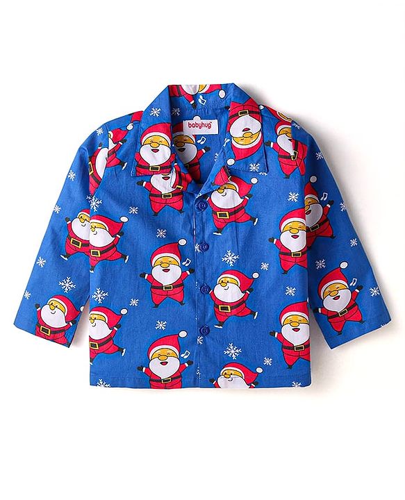 Babyhug Cotton Woven Full Sleeves Front Open Night Suit with Santa Print - Blue