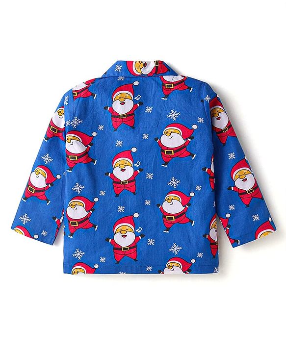 Babyhug Cotton Woven Full Sleeves Front Open Night Suit with Santa Print - Blue