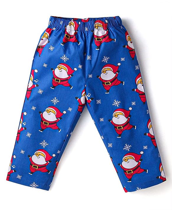 Babyhug Cotton Woven Full Sleeves Front Open Night Suit with Santa Print - Blue