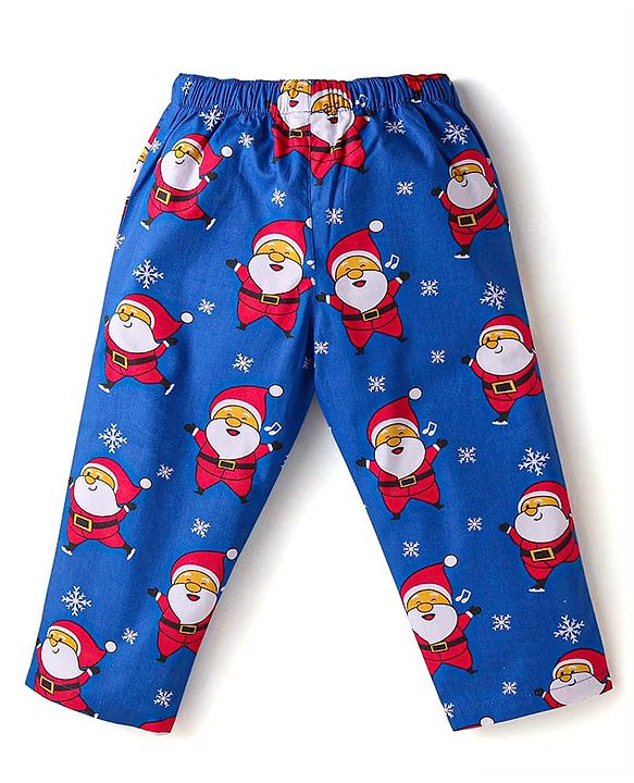 Babyhug Cotton Woven Full Sleeves Front Open Night Suit with Santa Print - Blue