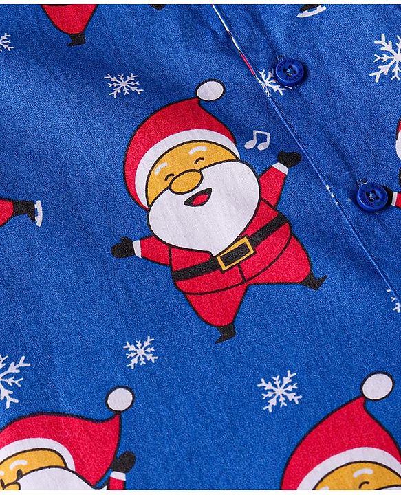 Babyhug Cotton Woven Full Sleeves Front Open Night Suit with Santa Print - Blue