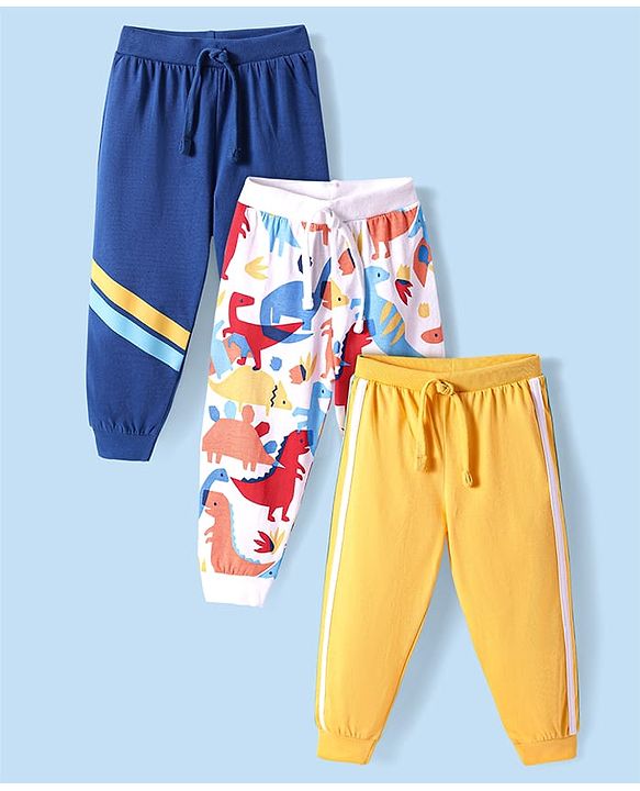 Babyhug Single Jersey Knit Full Length Lounge Pants with Dino Print & Tape Detailing Pack of 3 - Navy & Yellow