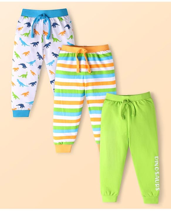 Babyhug Single Jersey Knit Full Length Lounge Pants with Strips & Dino Print Pack of 3 - Neon green Yellow & Blue