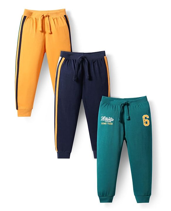 Babyhug Single Jersey Knit Full Length Lounge Pant Text Print & Tape Detailing Pack Of 3 - Yellow Navy & Green