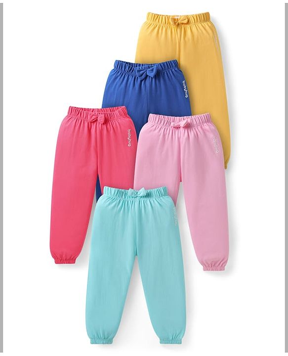 Babyhug Cotton Knit Full Length Brand Text Printed Lounge Pants with Bow Applique Pack of 5 - Pink Blue & Yellow