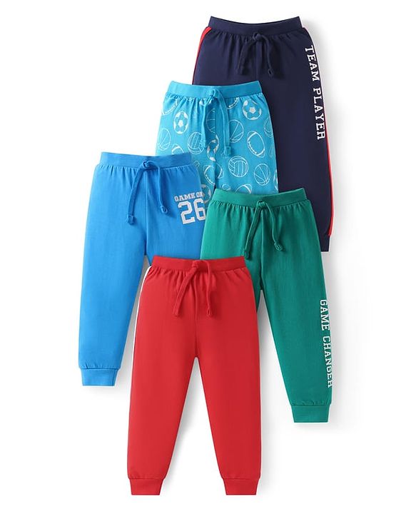 Babyhug Single Jersey Knit Full Length Lounge Pants with Sport Theme Text Print Pack of 5 -  Blue Red & Green