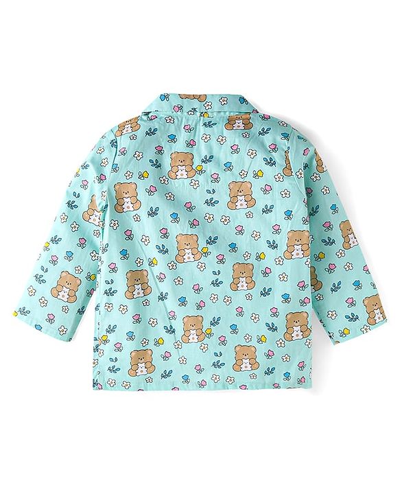 Babyhug Cotton Woven Full Sleeves Night Suit With Teddy Bear & Floral Print - Light Blue