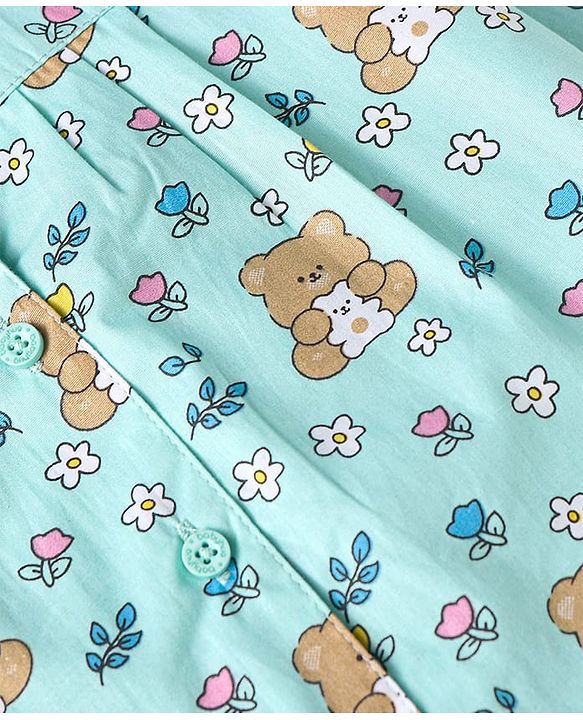 Babyhug Cotton Woven Full Sleeves Night Suit With Teddy Bear & Floral Print - Light Blue