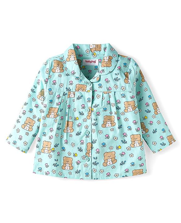Babyhug Cotton Woven Full Sleeves Night Suit With Teddy Bear & Floral Print - Light Blue
