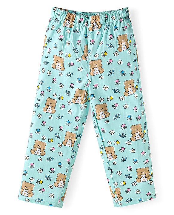 Babyhug Cotton Woven Full Sleeves Night Suit With Teddy Bear & Floral Print - Light Blue