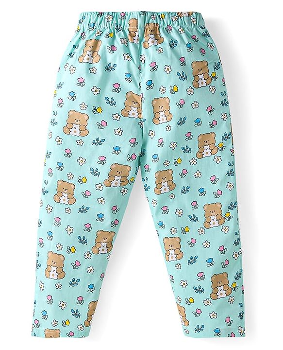Babyhug Cotton Woven Full Sleeves Night Suit With Teddy Bear & Floral Print - Light Blue