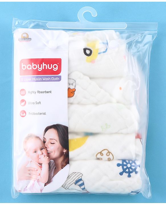 Babyhug 6 Layer Muslin Wash Cloth Pack of 5 - Multicolor(Print May Vary)