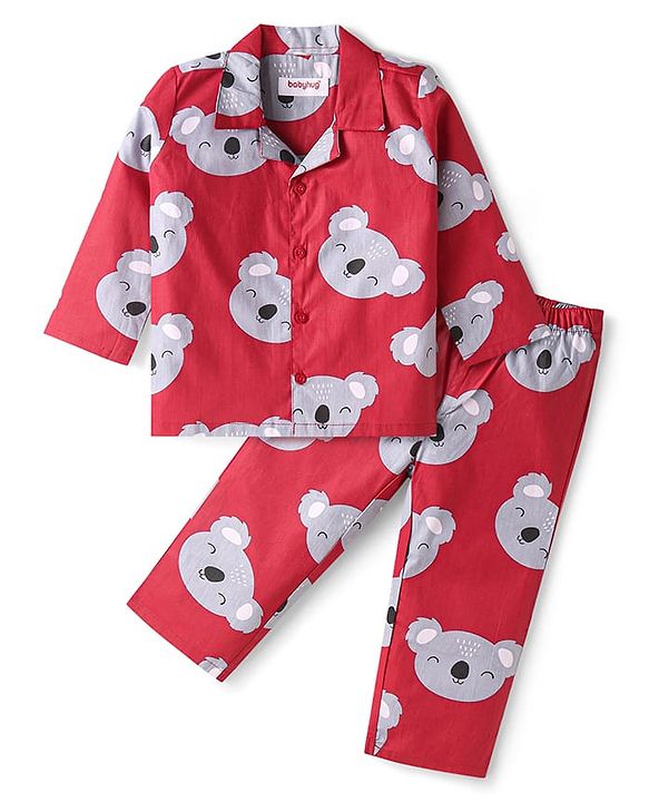 Babyhug Cotton Knit Full Sleeves Night Suit with Bear Print - Red