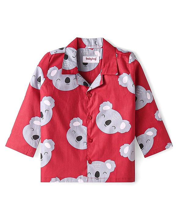 Babyhug Cotton Knit Full Sleeves Night Suit with Bear Print - Red