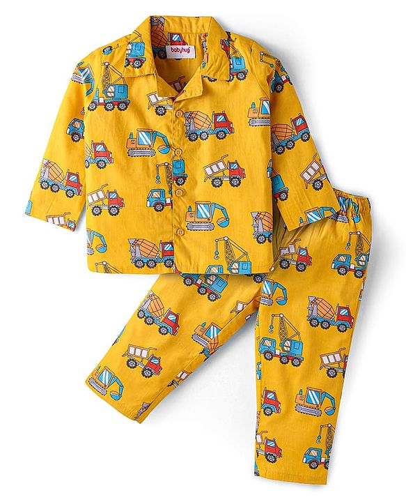 Babyhug Cotton Woven Full Sleeves Night Suit with Vehicle Print - Yellow