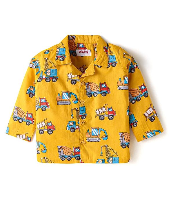Babyhug Cotton Woven Full Sleeves Night Suit with Vehicle Print - Yellow