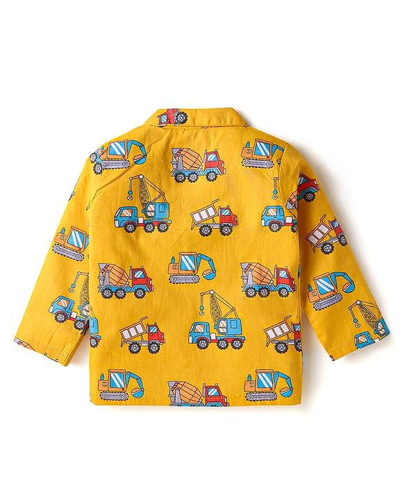 Babyhug Cotton Woven Full Sleeves Night Suit with Vehicle Print - Yellow