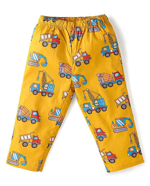 Babyhug Cotton Woven Full Sleeves Night Suit with Vehicle Print - Yellow