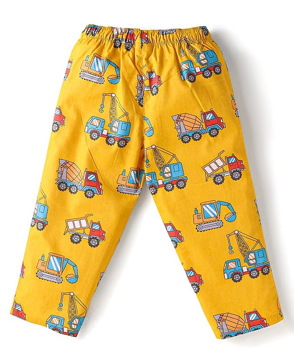 Babyhug Cotton Woven Full Sleeves Night Suit with Vehicle Print - Yellow