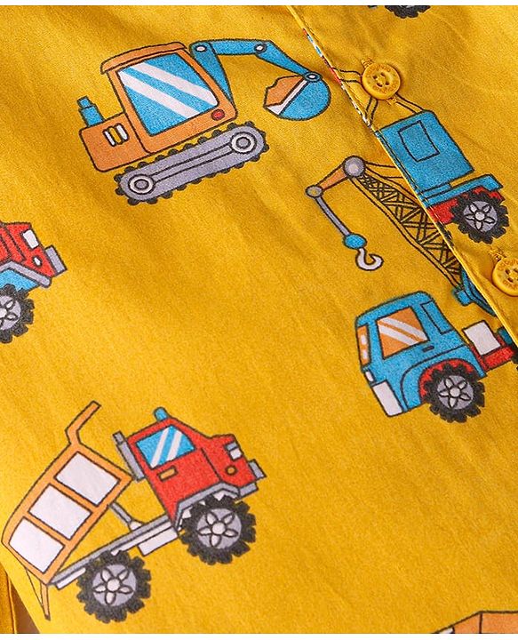 Babyhug Cotton Woven Full Sleeves Night Suit with Vehicle Print - Yellow