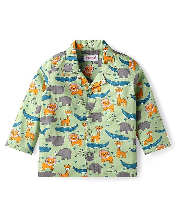 Babyhug Cotton Woven Full Sleeves Night Suit With Dino Print - Green
