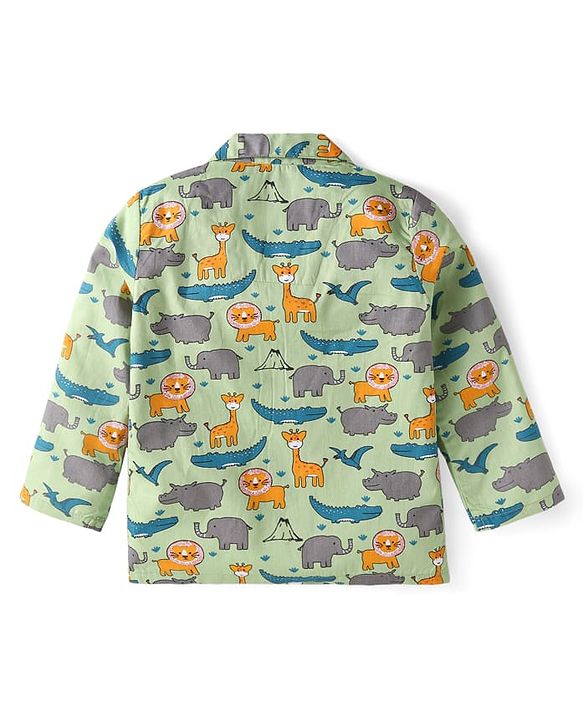 Babyhug Cotton Woven Full Sleeves Night Suit With Dino Print - Green