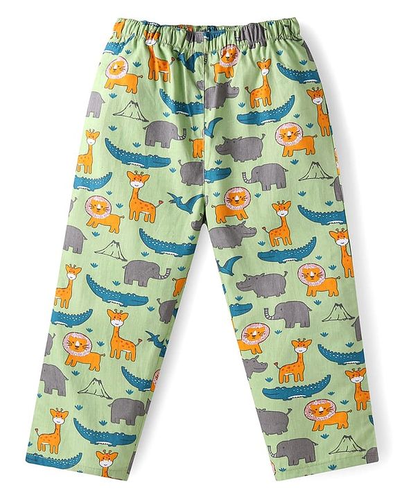 Babyhug Cotton Woven Full Sleeves Night Suit With Dino Print - Green