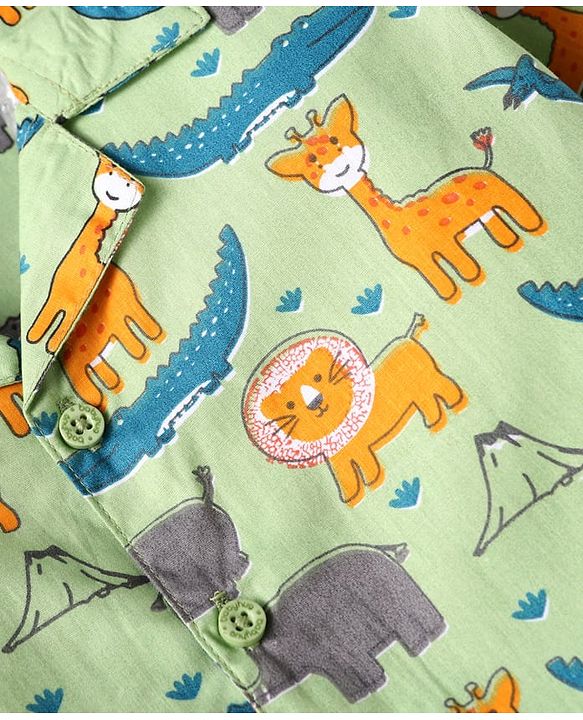 Babyhug Cotton Woven Full Sleeves Night Suit With Dino Print - Green