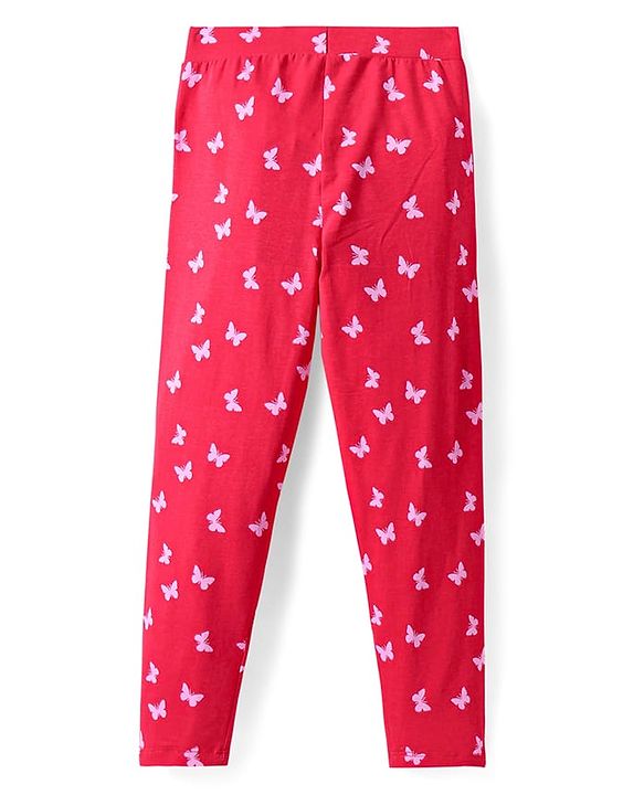 Pine Kids Cotton Lycra Knit Full Length Leggings with Butterfly Print - Red