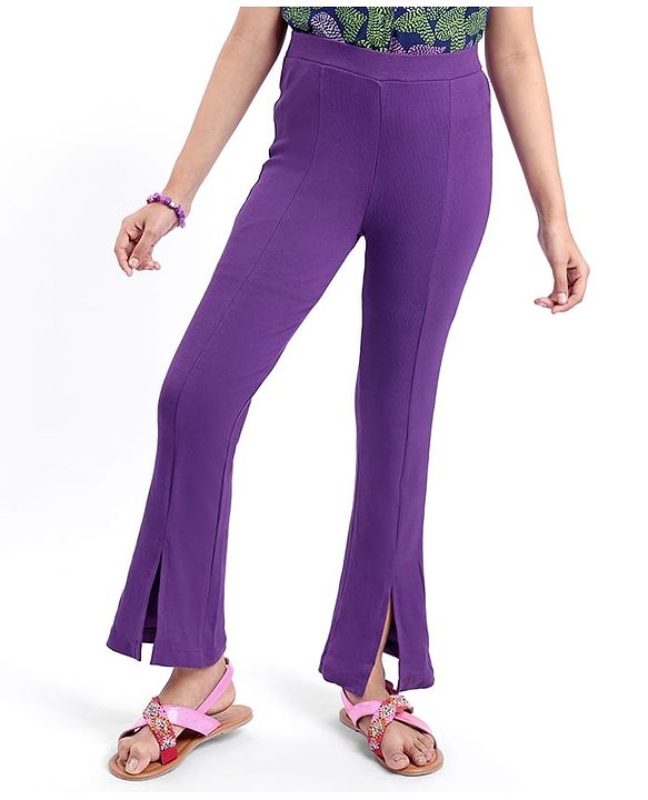 Pine Kids Cotton Lycra Knit Full Length Solid Leggings - Purple