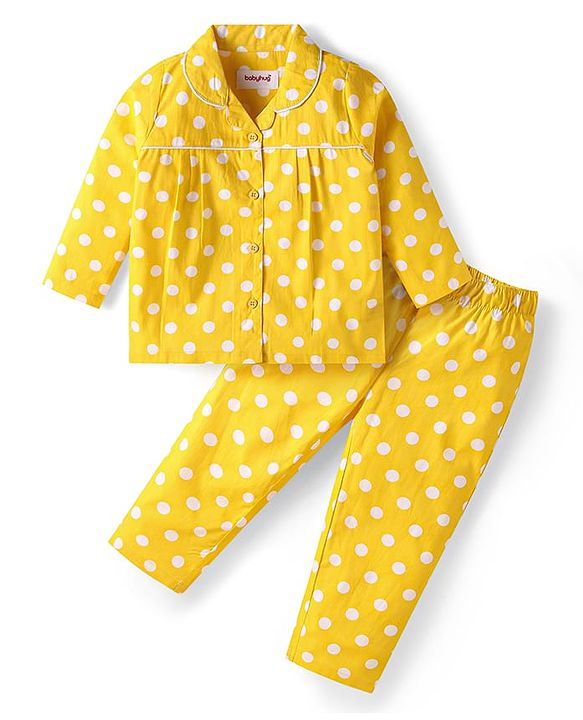 Babyhug Cotton Woven Full Sleeves Night Suit With Polka Dot Print - Yellow
