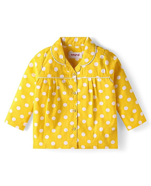 Babyhug Cotton Woven Full Sleeves Night Suit With Polka Dot Print - Yellow