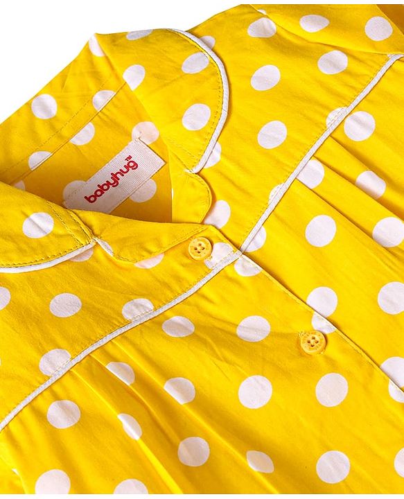 Babyhug Cotton Woven Full Sleeves Night Suit With Polka Dot Print - Yellow