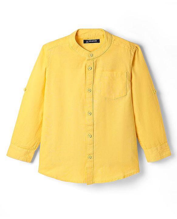 Pine Kids 100% Cotton Full Sleeves Solid Coloured Shirts With Mandarin Collar- Yellow