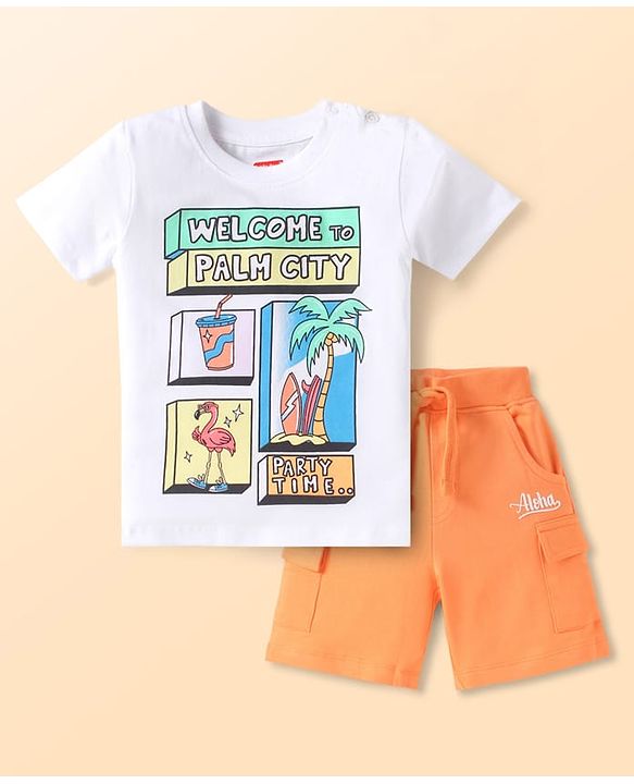 Babyhug Single Jersey Knit Half Sleeves T-Shirt & Shorts Set with Beach Theme Print - Orange & White