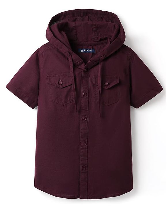 Pine Kids Cotton Woven Half Sleeves Solid Colour Hooded Shirt - Wine