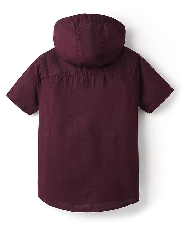 Pine Kids Cotton Woven Half Sleeves Solid Colour Hooded Shirt - Wine