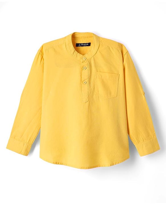 Pine Kids Cotton Woven Mandarin Collar Full Sleeves Solid Colour Kurta Style Shirt - Yellow