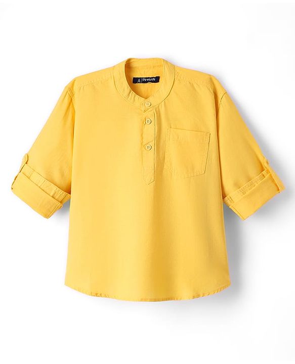 Pine Kids Cotton Woven Mandarin Collar Full Sleeves Solid Colour Kurta Style Shirt - Yellow